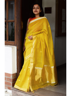 Mustard Yellow, Handwoven Organic Cotton, Textured Weave , Jacquard, Festive Wear, Jari, Butta Saree